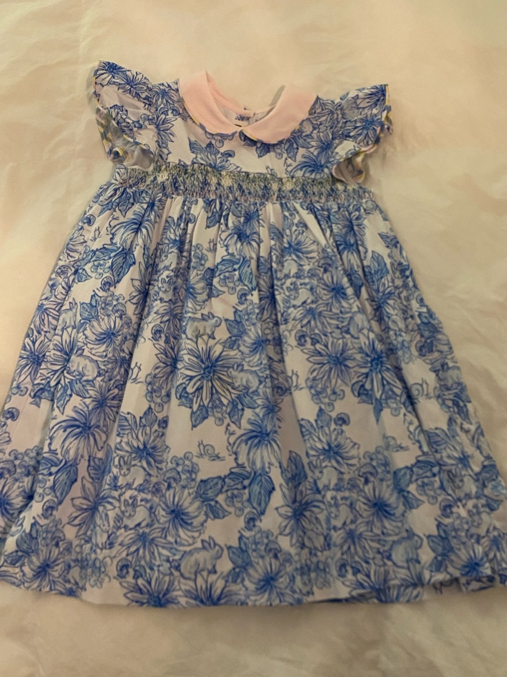 Dondolo 4T Floral and Animal Smocked Dress with Pink Peter Pan Collar